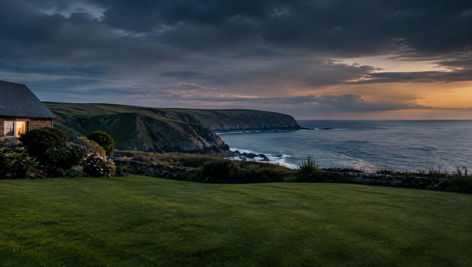 A freshly laid lawn overlooking the Cornish coast at dusk